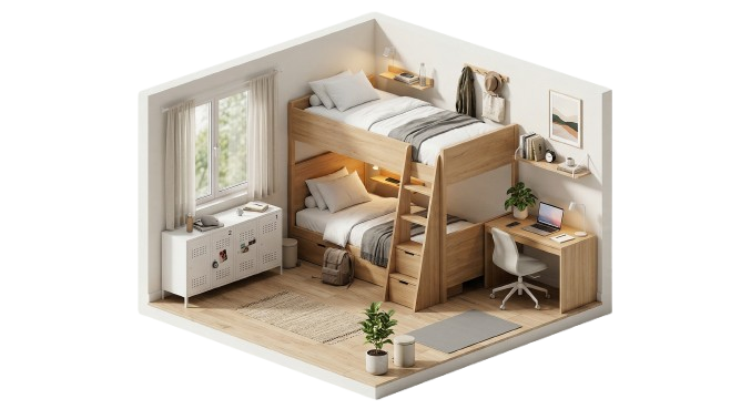 Modern 3D Hostel Room Illustration